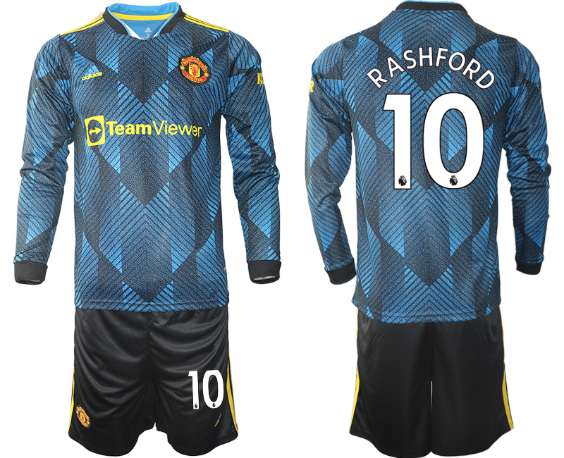 Men 2021-2022 Club Manchester united second away blue Long Sleeve #10 Soccer Jersey->manchester united jersey->Soccer Club Jersey